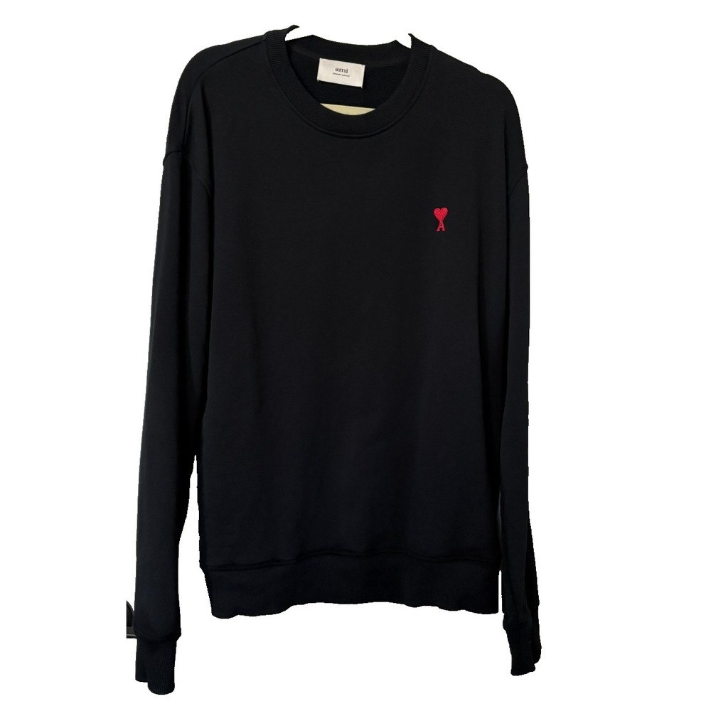 AMI Men's LARGE Black Cotton Pullover Red Heart Long Sleeve Sweatshirt